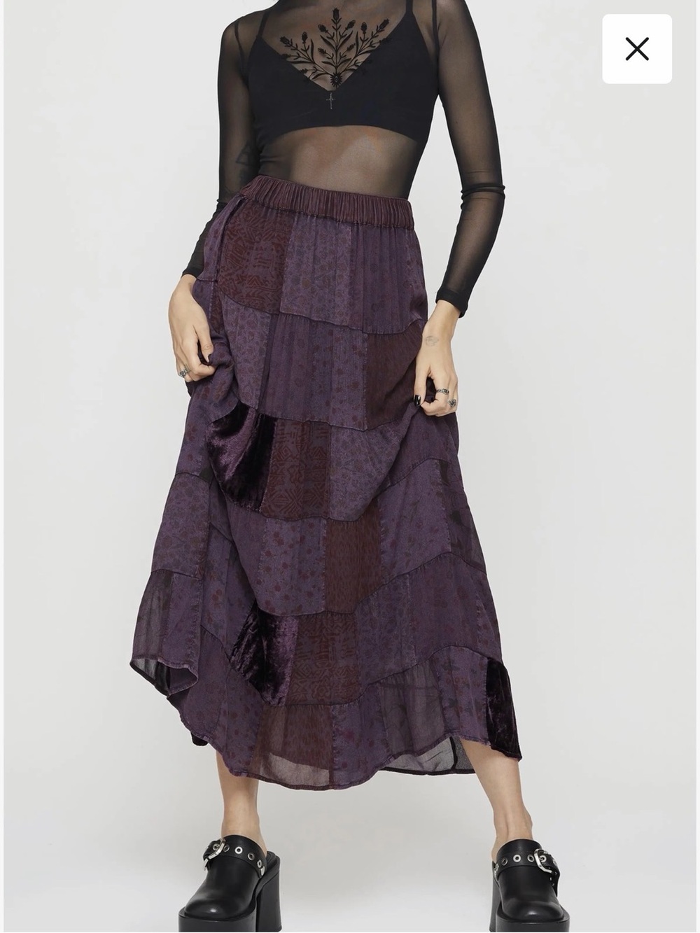 Disturbia Mabel Patchwork Velvet Floral Whimsygoth Fairy Purple Maxi Skirt 12